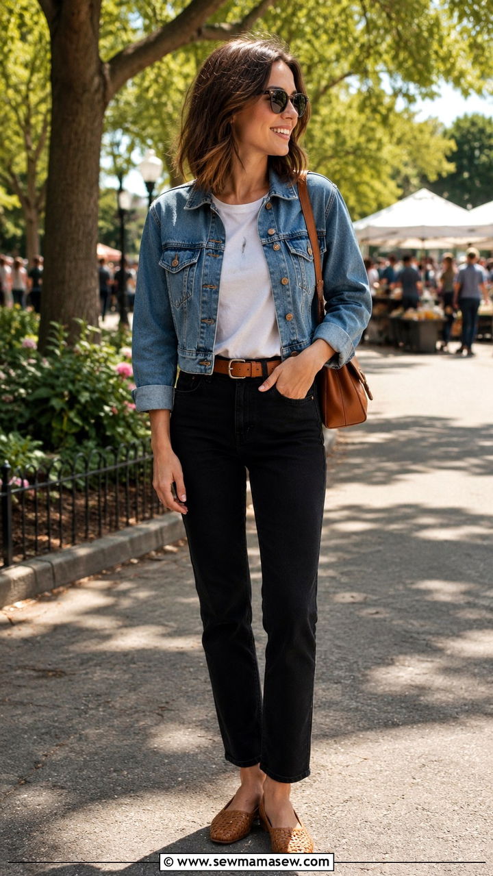 Black Jeans Outfit With Woven Flats And Denim Jacket - 25 Black jeans outfit ideas with flats