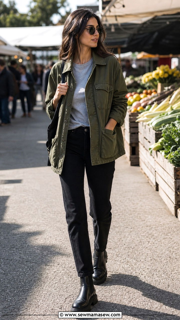 Black Jeans Utility Jacket Lug Boots - 40 black jeans outfit ideas
