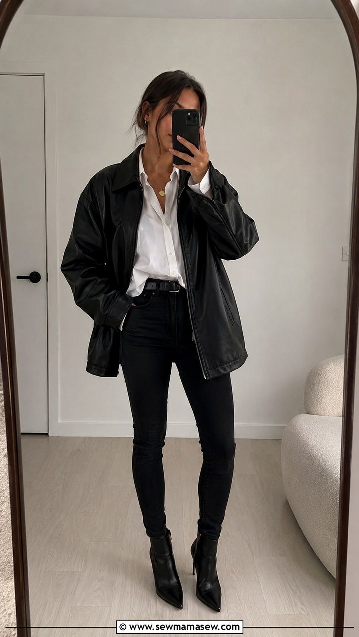 Black Jeans White Shirt and an Oversized Leather Jacket - 20 French girl outfit ideas Marion Cotillard