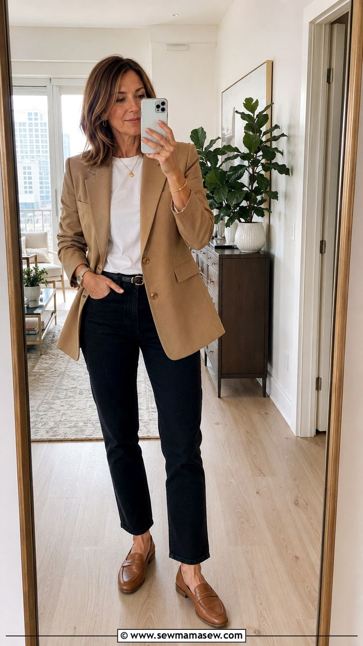 Black Jeans With A Camel Blazer - 25 black jeans outfits for women over 40