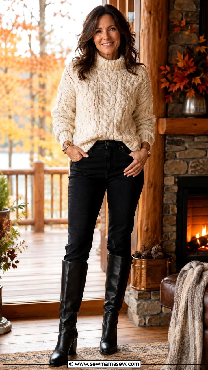 Black Jeans With A Chunky Knit Sweater - 25 black jeans outfits for women over 40