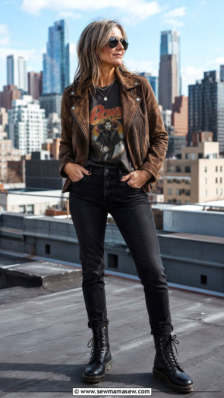 Black Jeans With A Graphic Tee And Moto Jacket - 25 black jeans outfits for women over 40