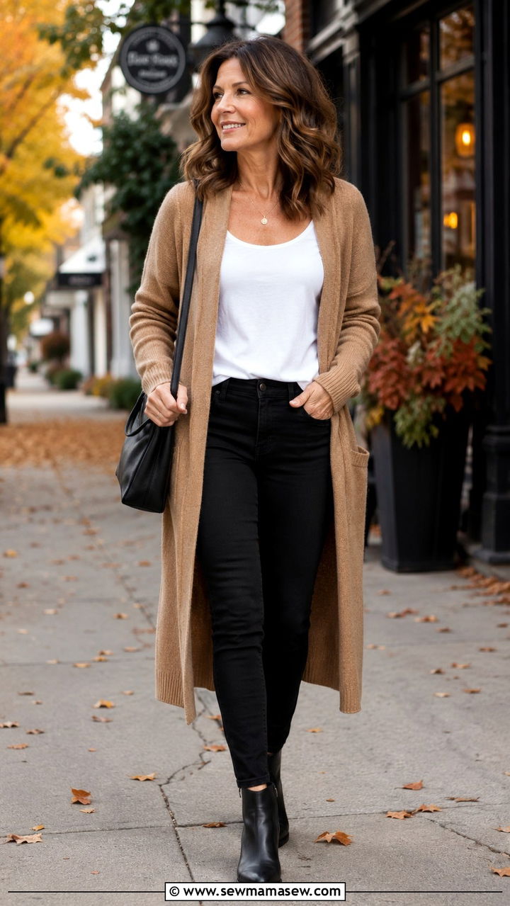 Black Jeans With A Long Cardigan - 25 black jeans outfits for women over 40