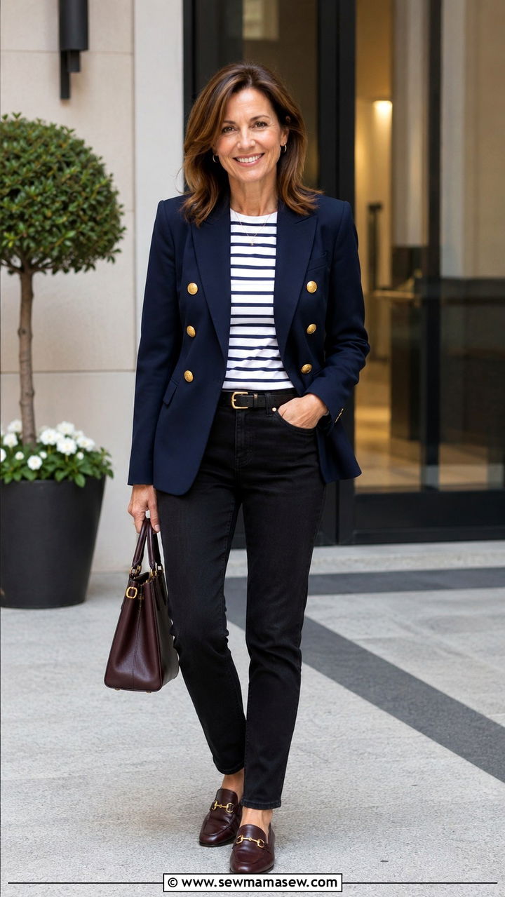 Black Jeans With A Navy Blazer And Loafers - 25 black jeans outfits for women over 40