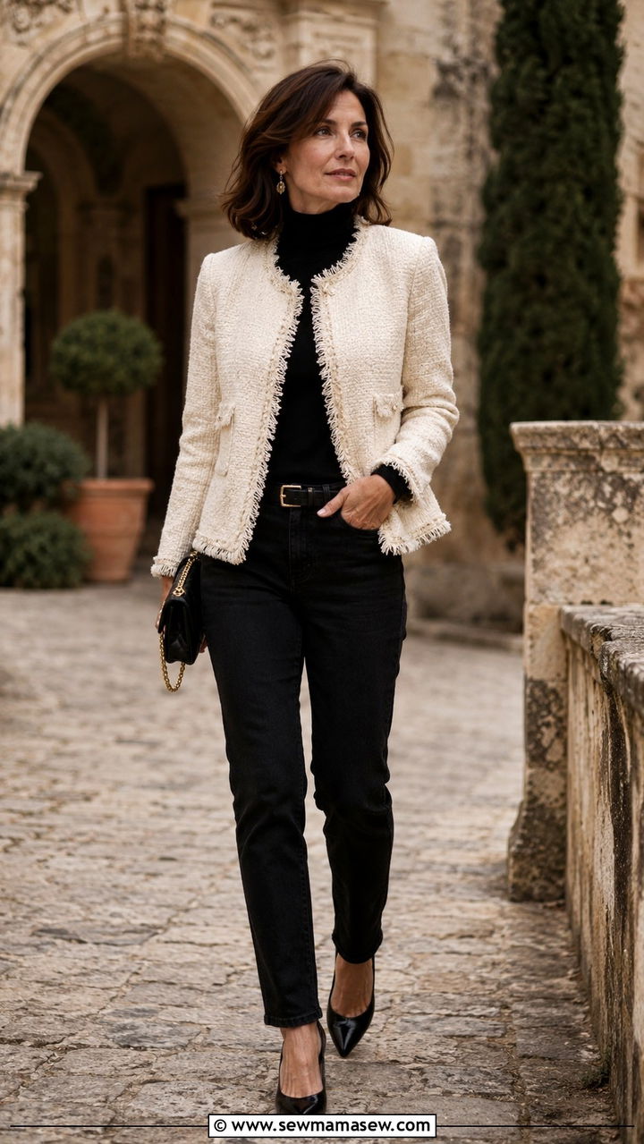 Black Jeans With A Tweed Jacket - 25 black jeans outfits for women over 40