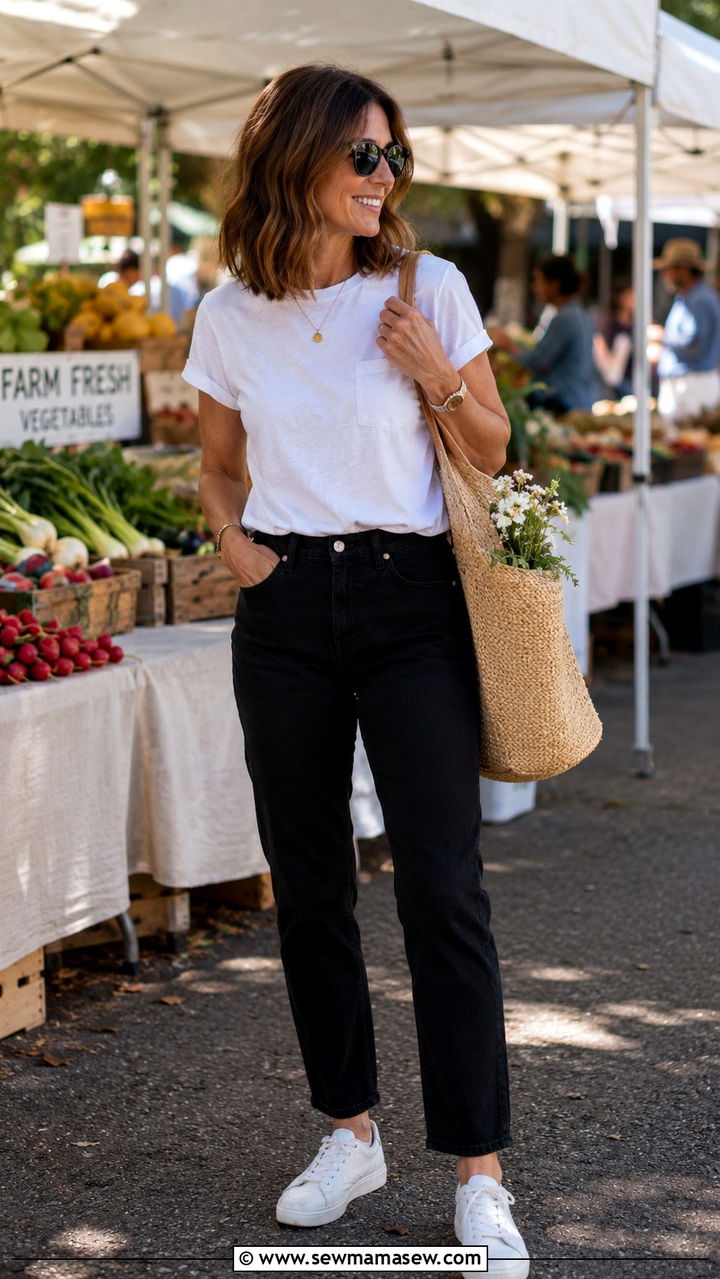 Black Jeans With A White Tee And Sneakers - 25 black jeans outfits for women over 40