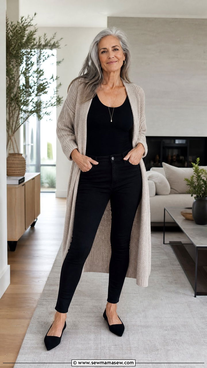 Black Jeans With Black Bodysuit And Long Cardigan - 35 Jeans outfit ideas for women over 50
