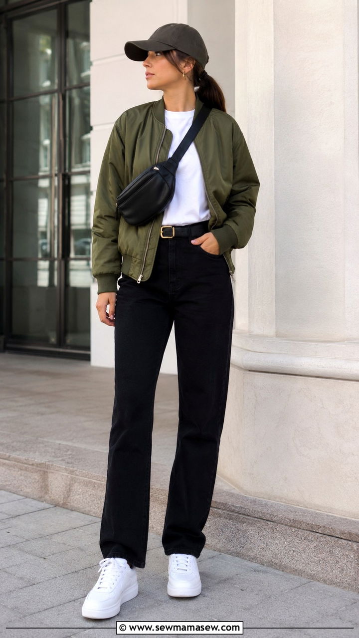 Black Jeans With Bomber Jacket and White Sneakers Outfit - 25 Black jeans outfit ideas with white sneakers