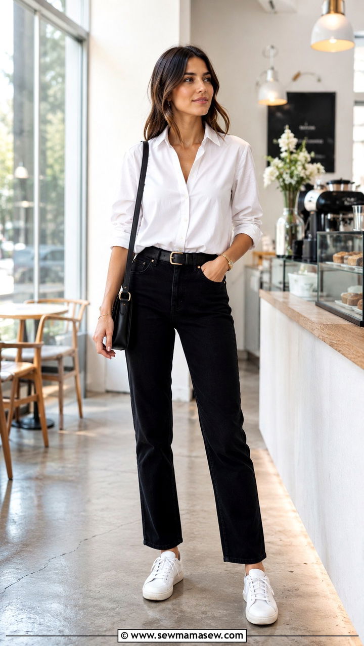 Black Jeans With Button Down Shirt and White Sneakers Outfit - 25 Black jeans outfit ideas with white sneakers