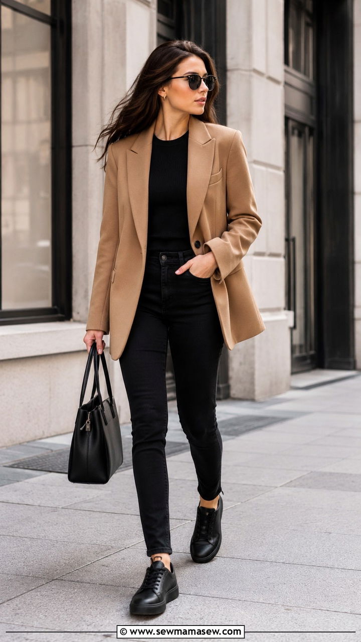Black Jeans With Camel Blazer And Black Sneakers - 25 Work outfits with sneakers and jeans