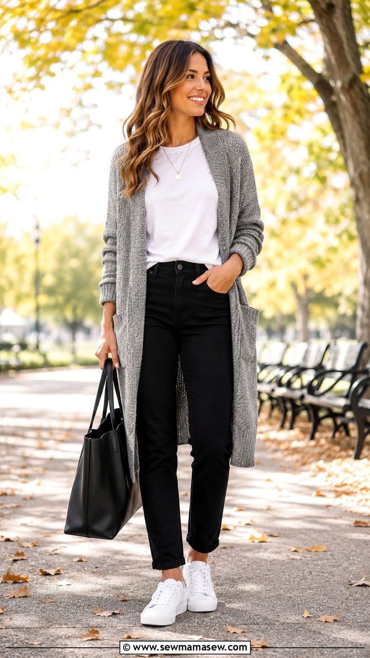 Black Jeans With Cardigan and White Sneakers Outfit - 25 Black jeans outfit ideas with white sneakers