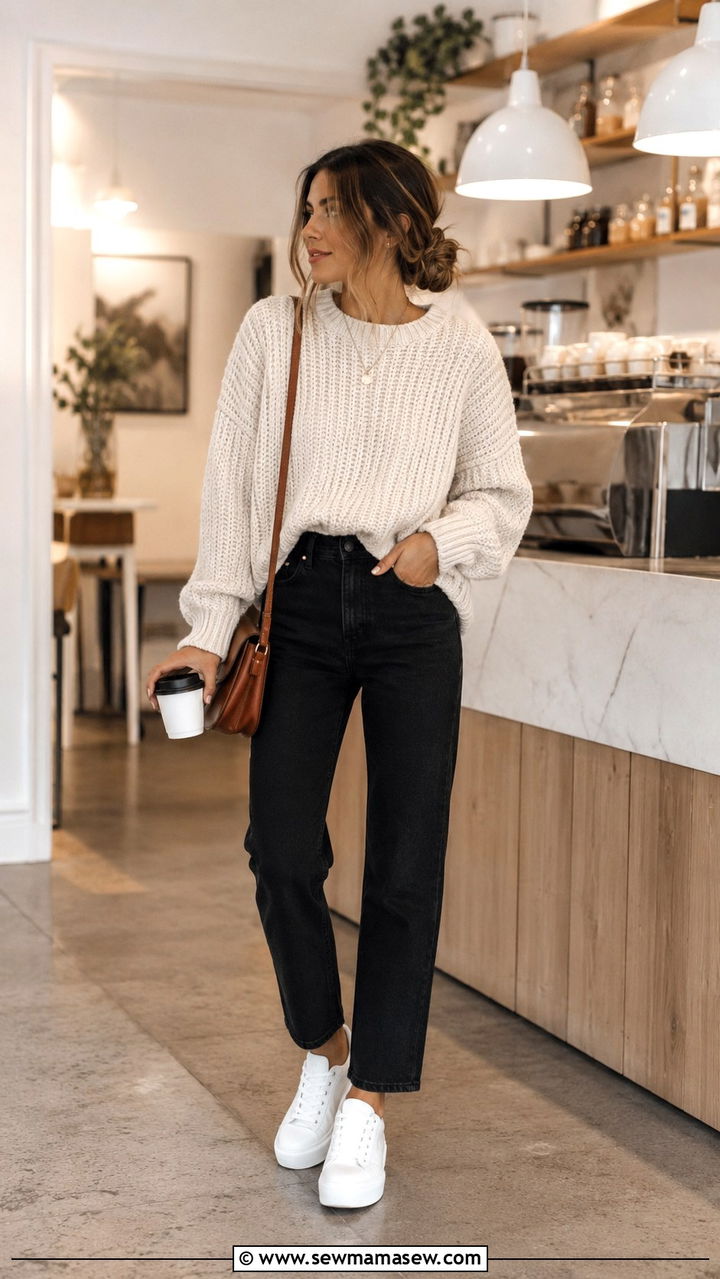 Black Jeans With Chunky Sweater and White Sneakers Outfit - 25 Black jeans outfit ideas with white sneakers