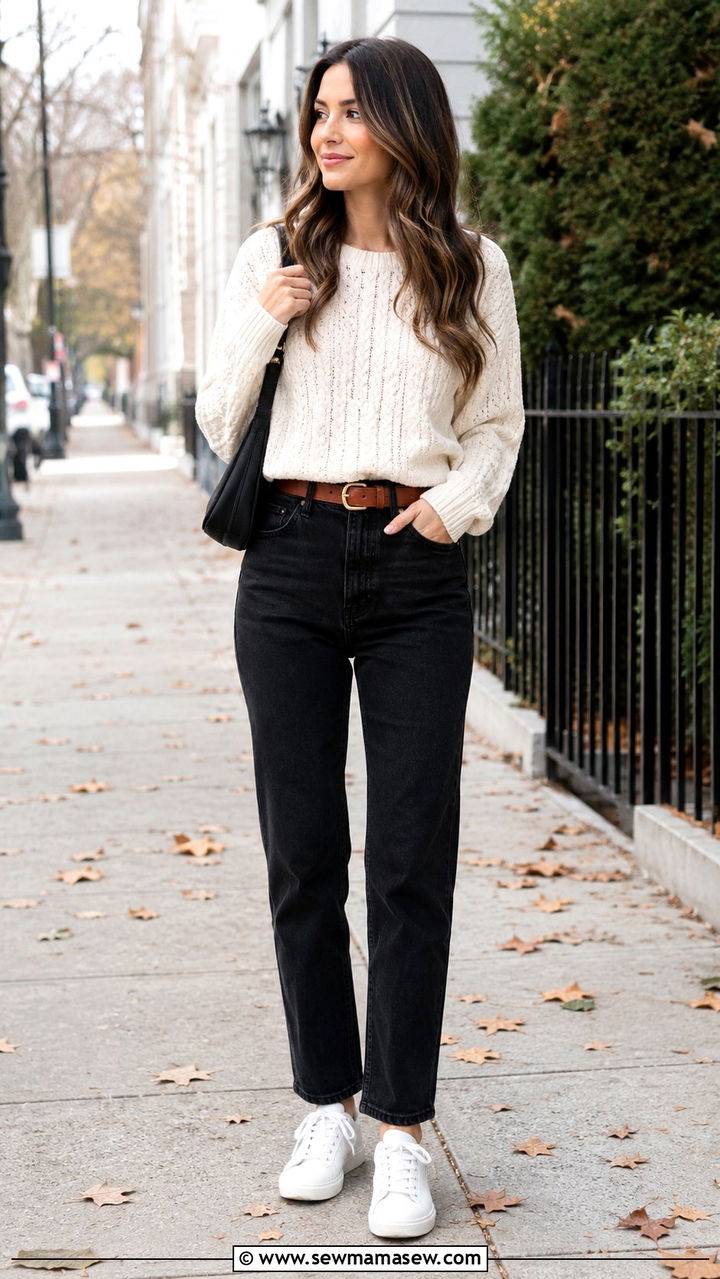 Black Jeans With Cream Cable Knit Sweater - 25 Black jeans outfit ideas with a sweater