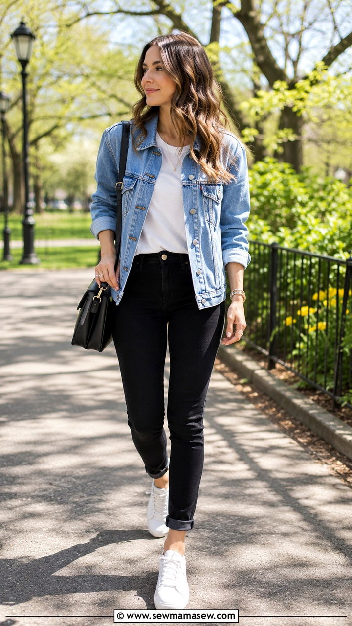 Black Jeans With Denim Jacket and White Sneakers Outfit - 25 Black jeans outfit ideas with white sneakers