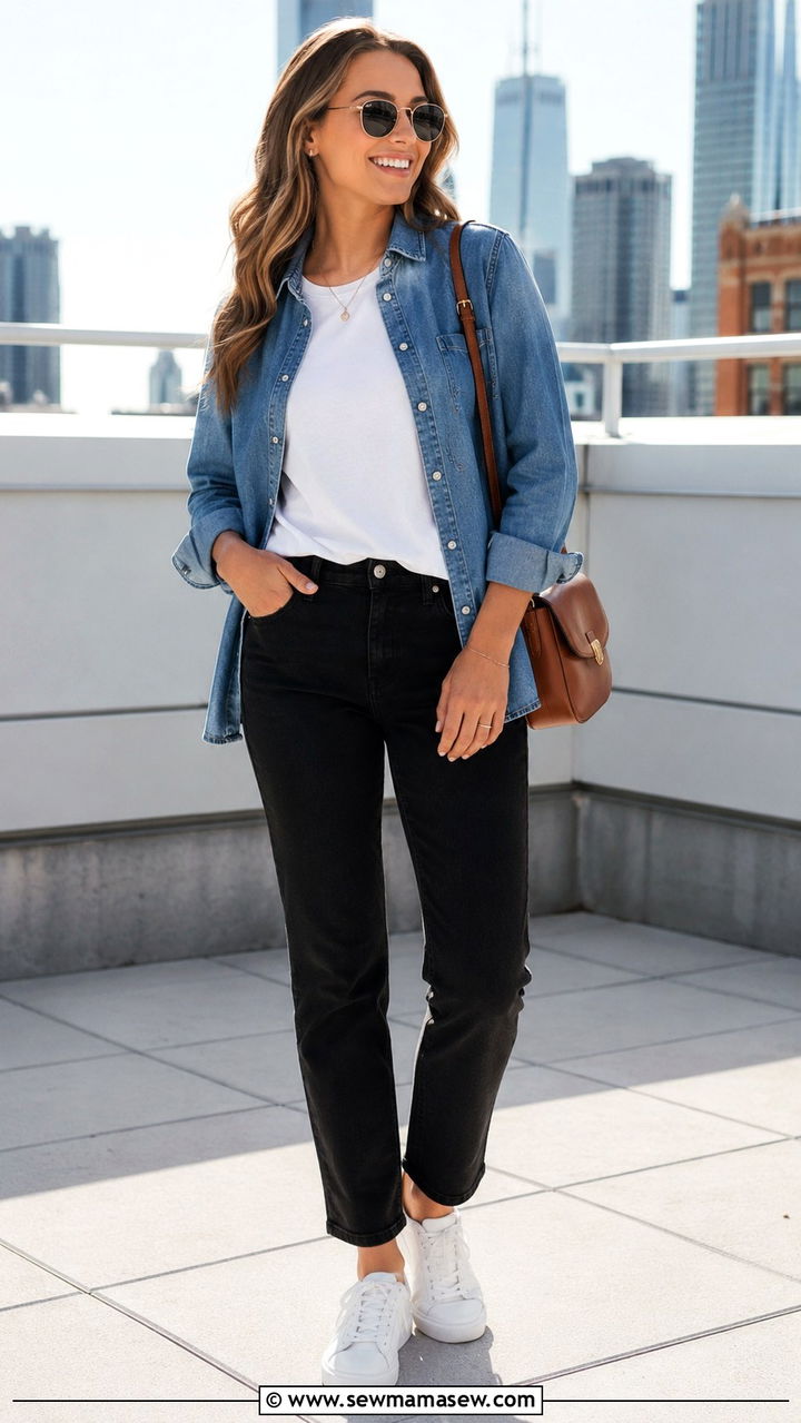 Black Jeans With Denim Shirt and White Sneakers Outfit - 25 Black jeans outfit ideas with white sneakers