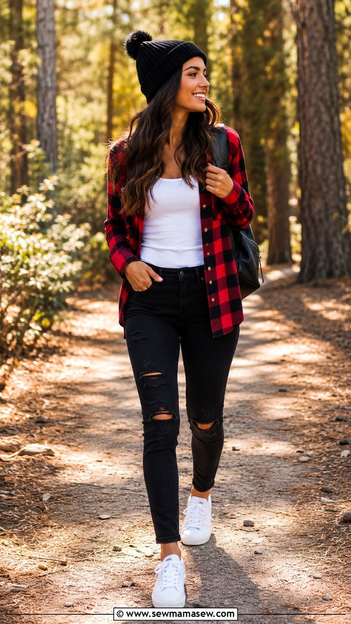 Black Jeans With Flannel Shirt and White Sneakers Outfit - 25 Black jeans outfit ideas with white sneakers