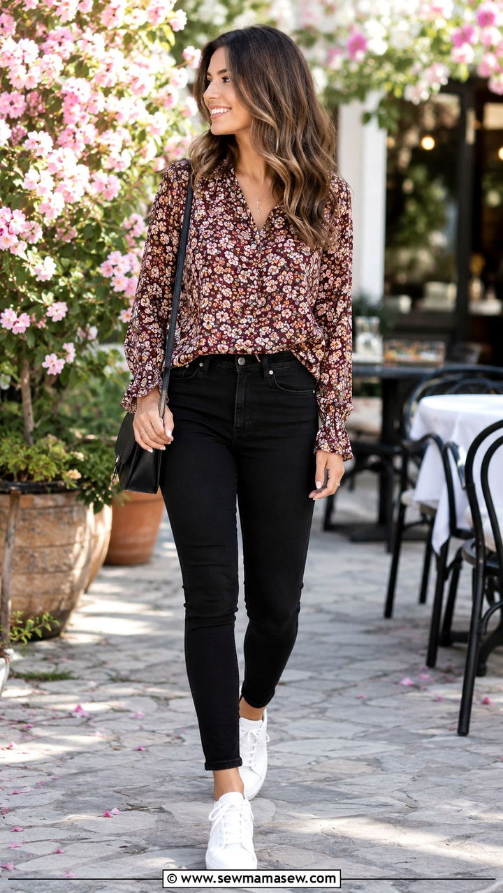Black Jeans With Floral Blouse and White Sneakers Outfit - 25 Black jeans outfit ideas with white sneakers
