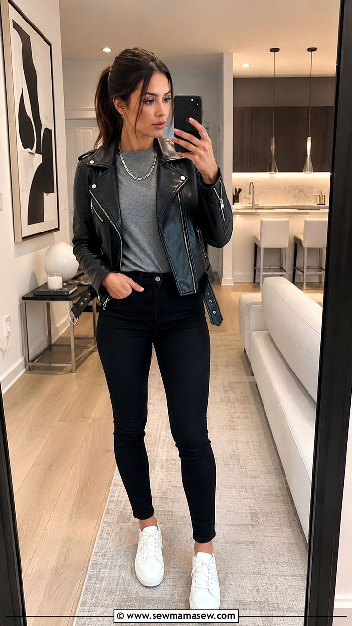 Black Jeans With Leather Jacket and White Sneakers Outfit - 25 Black jeans outfit ideas with white sneakers