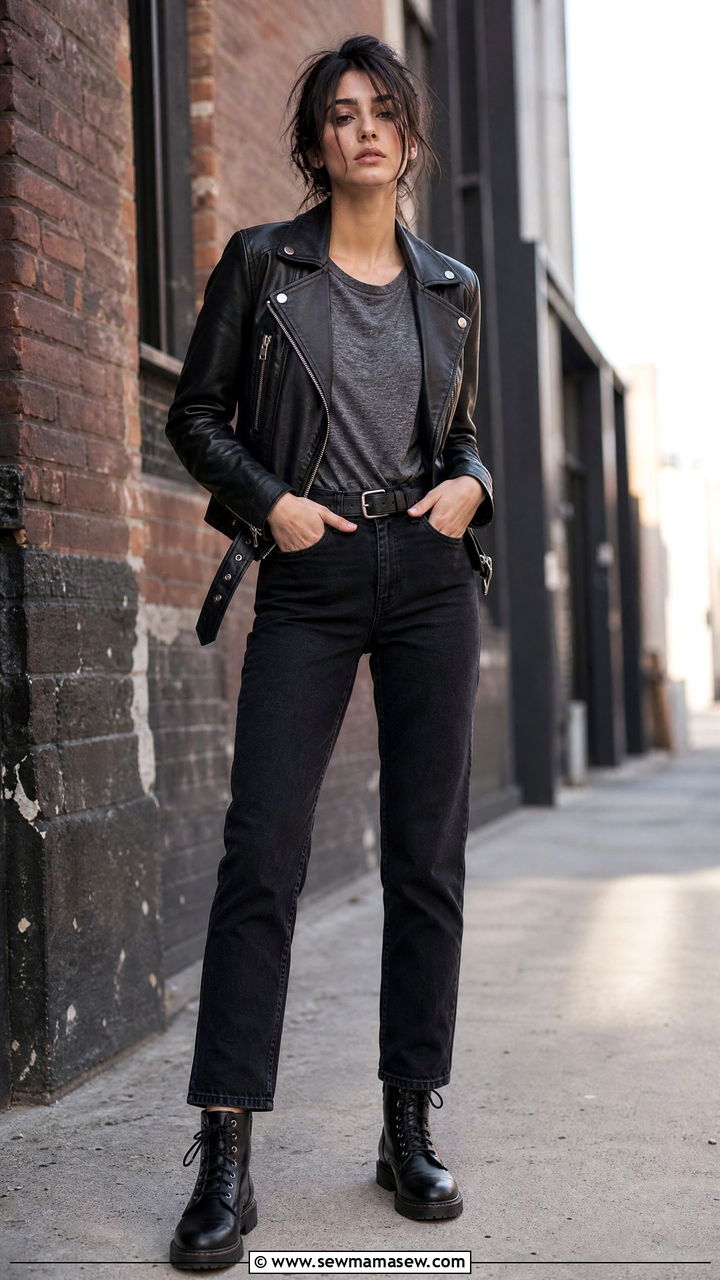 Black Jeans With Leather Moto Jacket And Combat Boots - 30 how to style jeans outfits