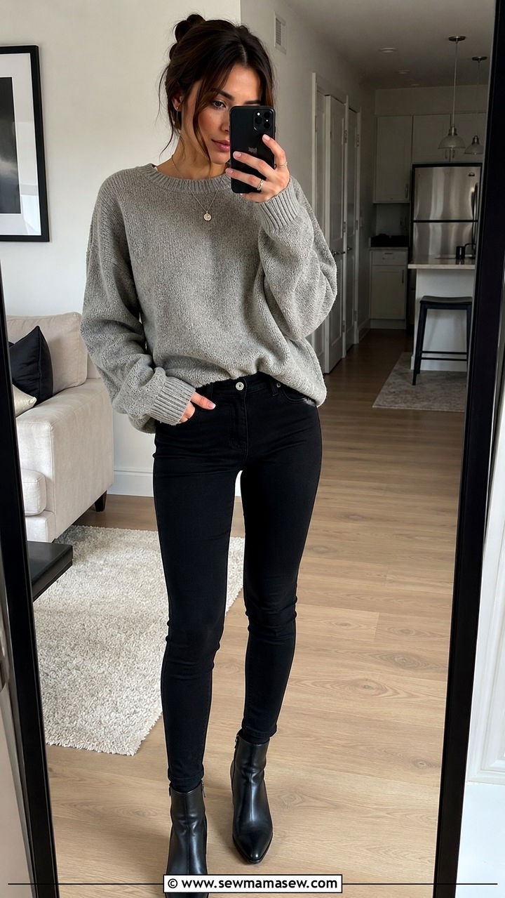 Black Jeans With Oversized Grey Sweater - 25 Black jeans outfit ideas with a sweater