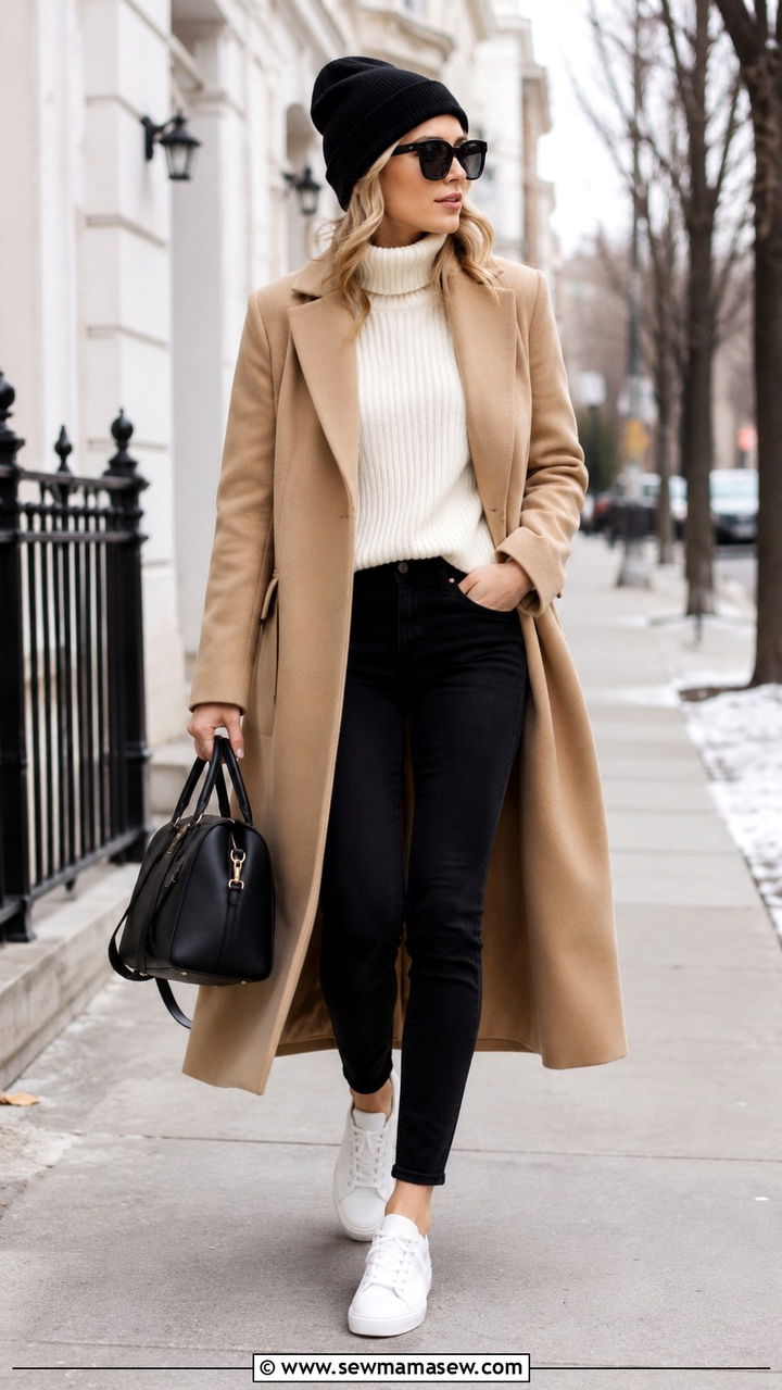 Black Jeans With Wool Coat and Turtleneck and White Sneakers Outfit - 25 Black jeans outfit ideas with white sneakers