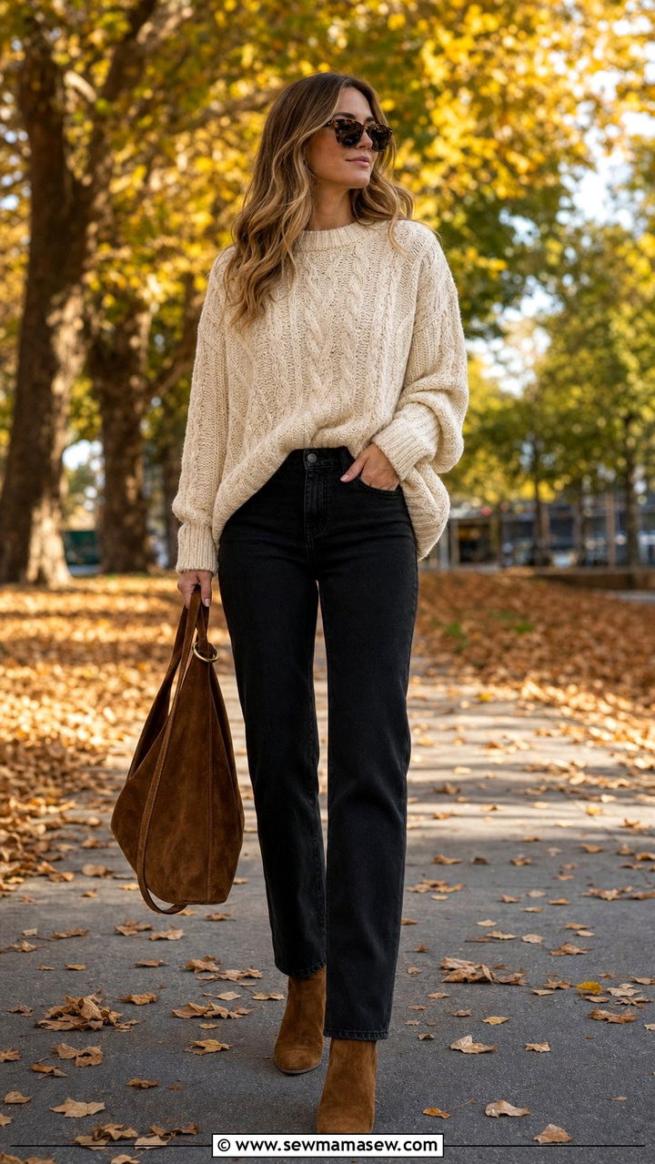Black Jeans With a Chunky Knit Sweater - 35 black jeans outfit ideas for women