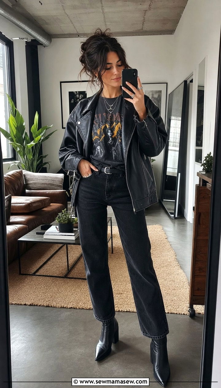 Black Jeans With a Graphic Tee and Leather Jacket - 35 black jeans outfit ideas for women