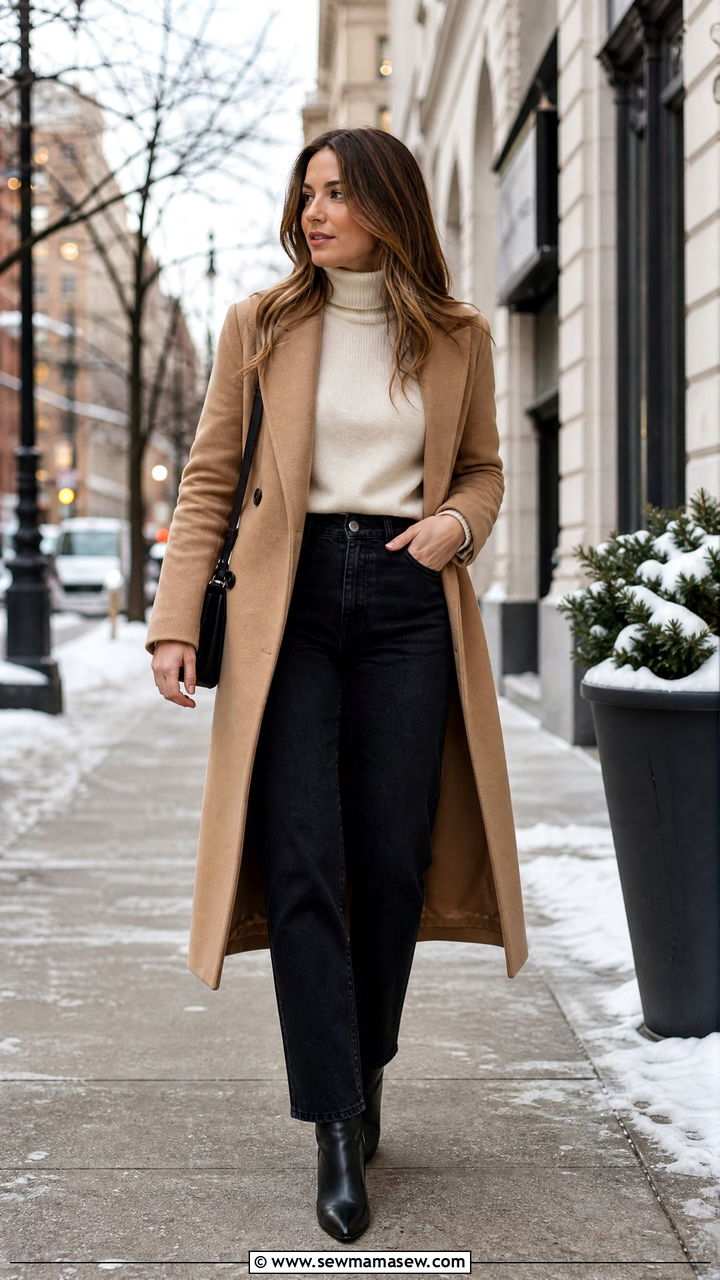 Black Jeans and Camel Coat Outfit - 25 chic black jeans outfit ideas