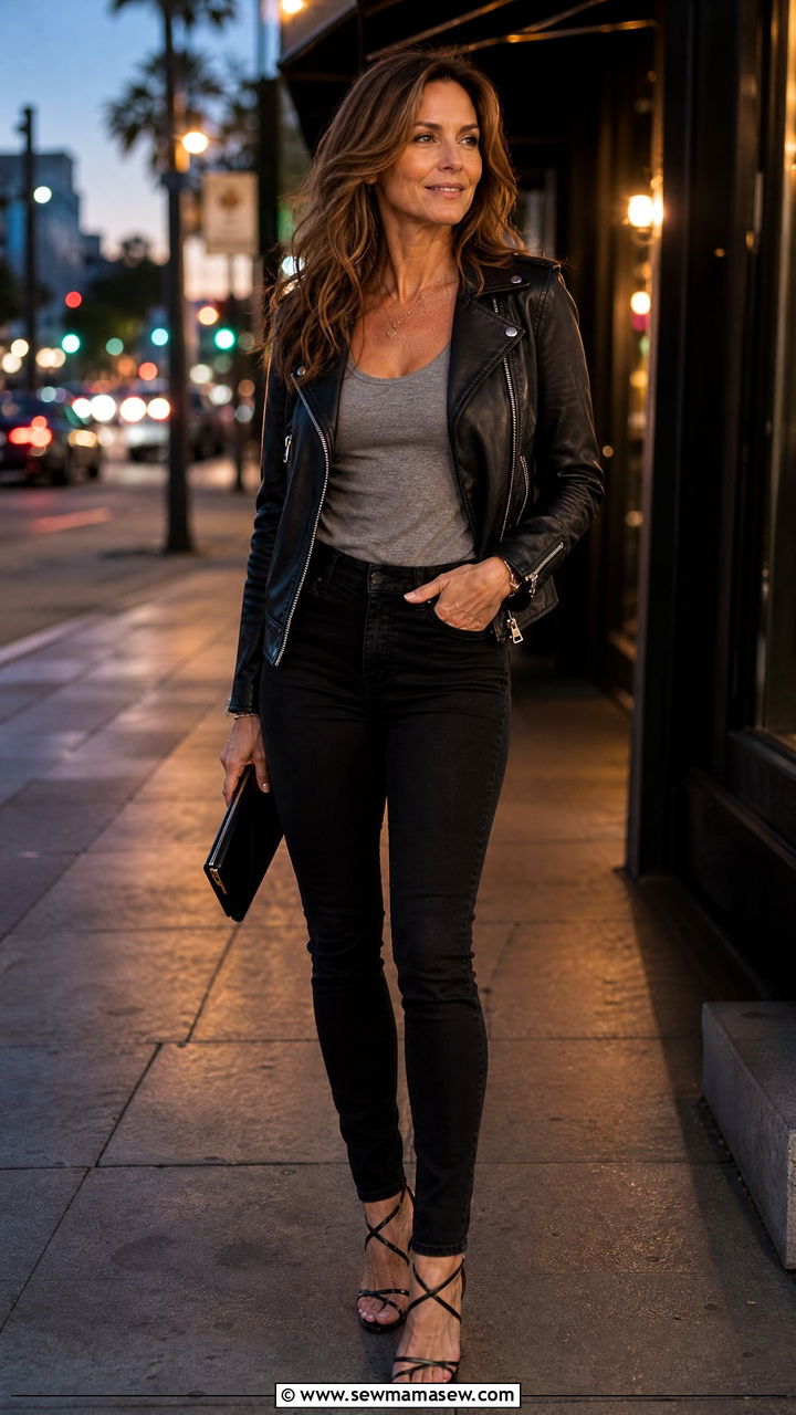 Black Jeans and Leather Jacket With Strappy Heels - 35 Jeans and heels outfit ideas over 40