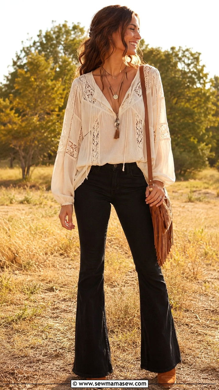 Black Jeans with Boho Blouse and Suede Booties - 30 spring black jeans outfit ideas