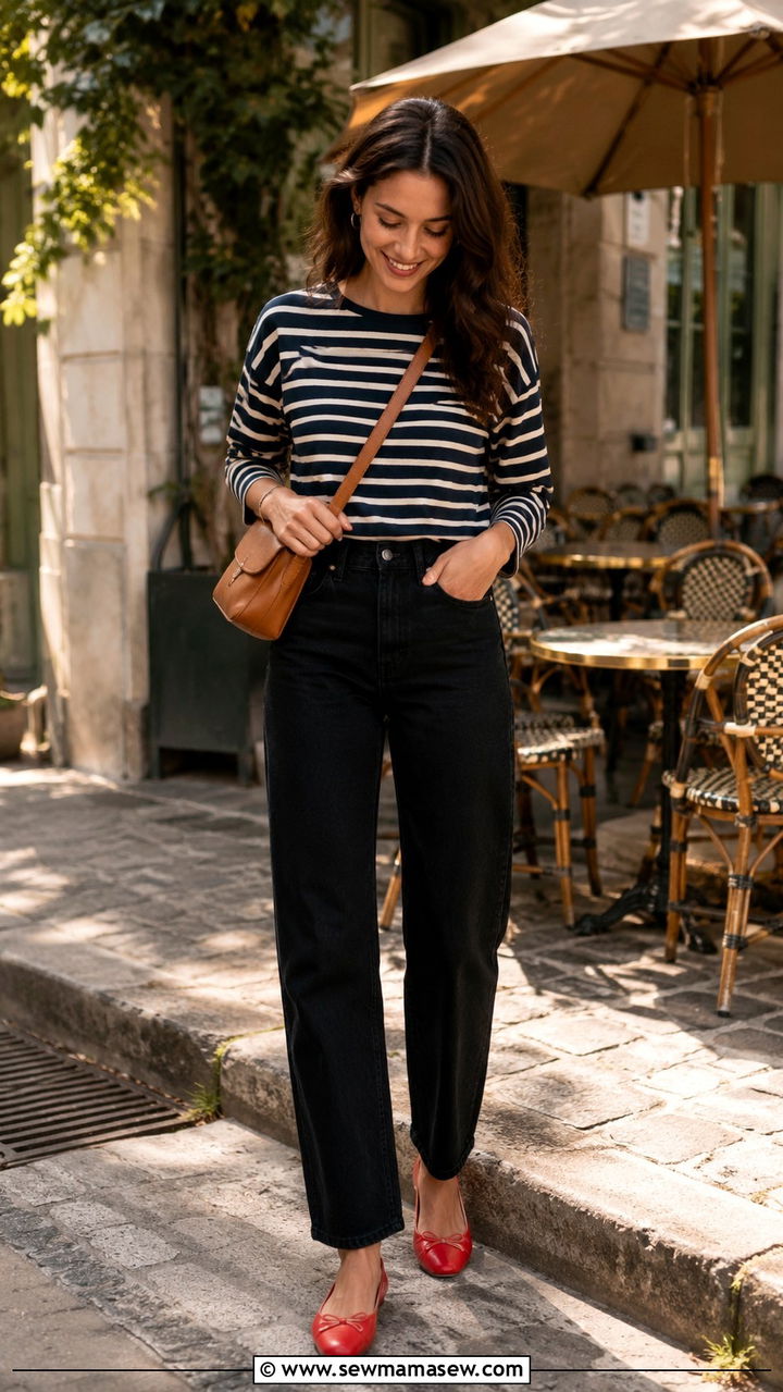 Black Jeans with Breton Top and Red Ballet Flats - 30 spring black jeans outfit ideas