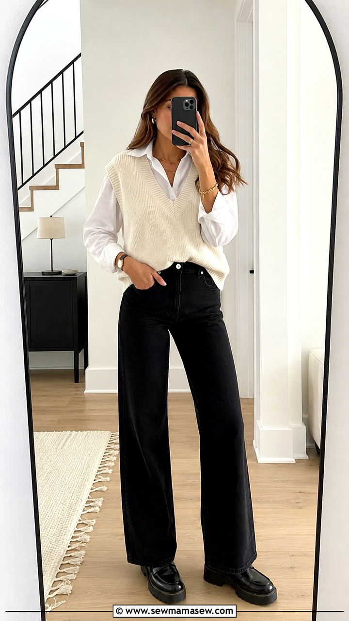 Black Jeans with Button Down and Sweater Vest Outfit - 25 Black jeans outfit ideas with a button down