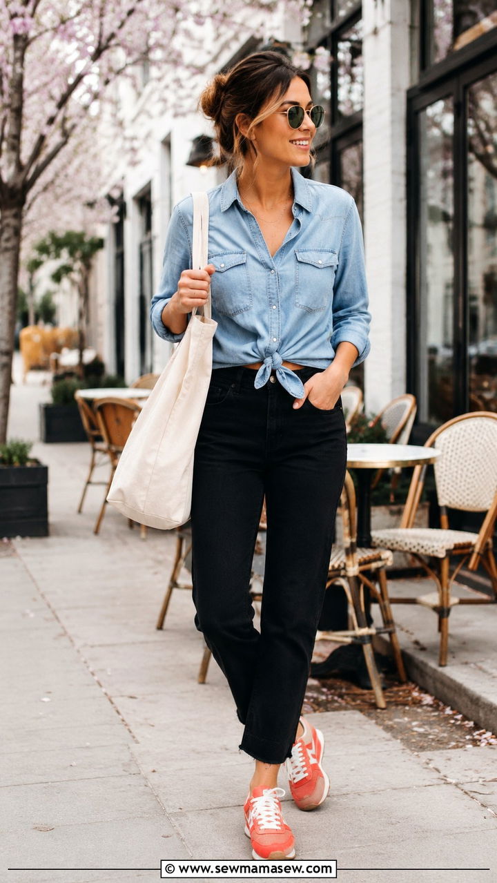 Black Jeans with Denim Shirt and Colorful Sneakers - 30 spring black jeans outfit ideas