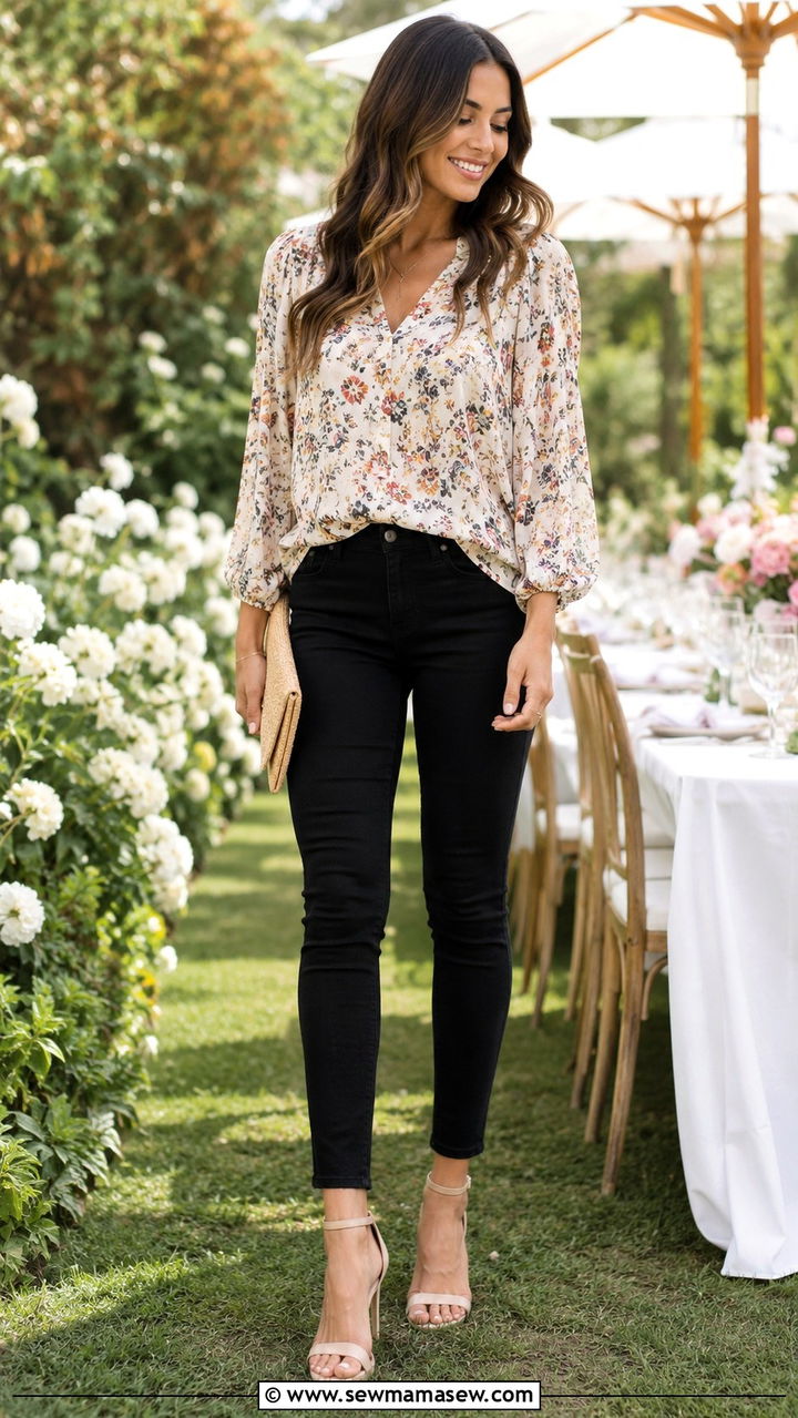 Black Jeans with Floral Blouse and Strappy Sandals - 30 spring black jeans outfit ideas