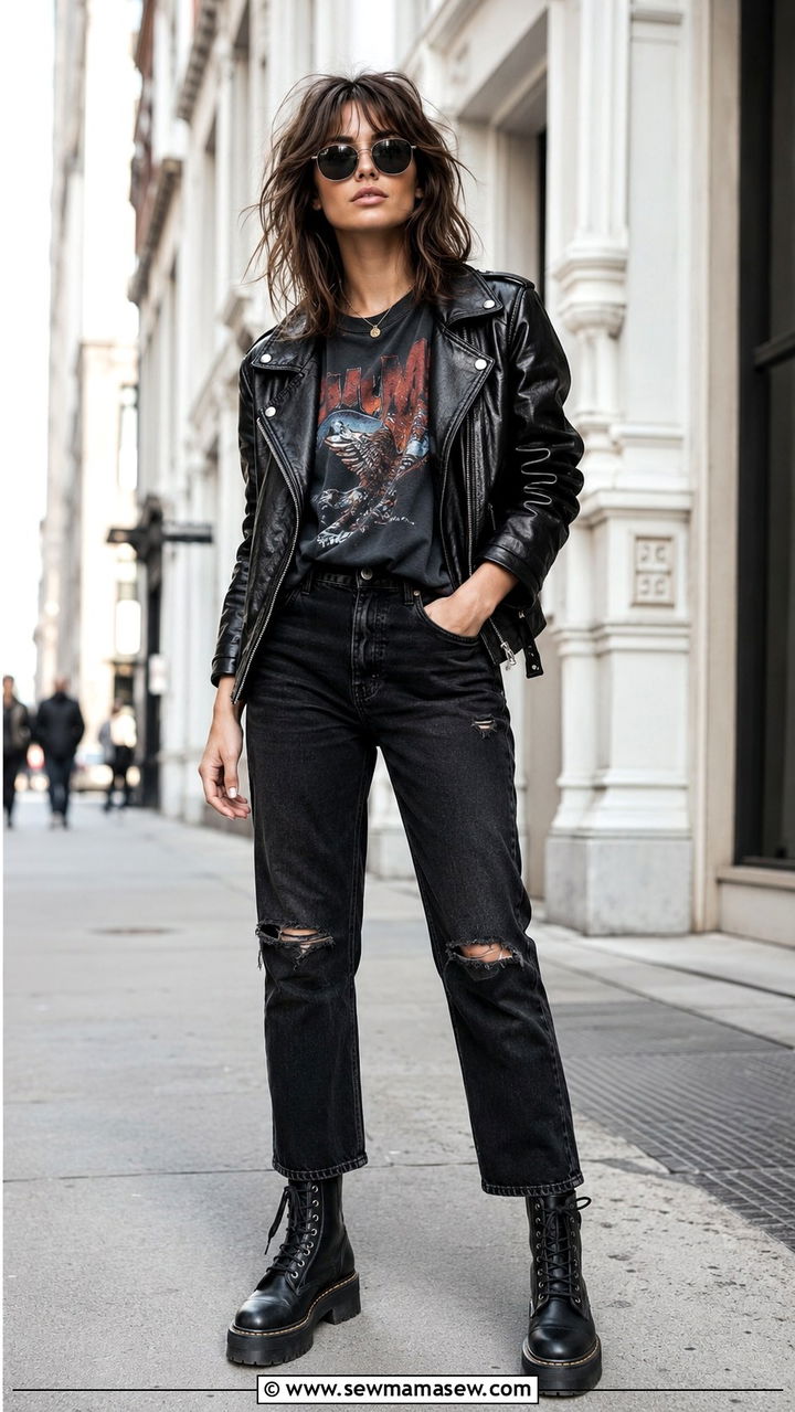 Black Jeans with Graphic Tee and Leather Jacket - 30 spring black jeans outfit ideas