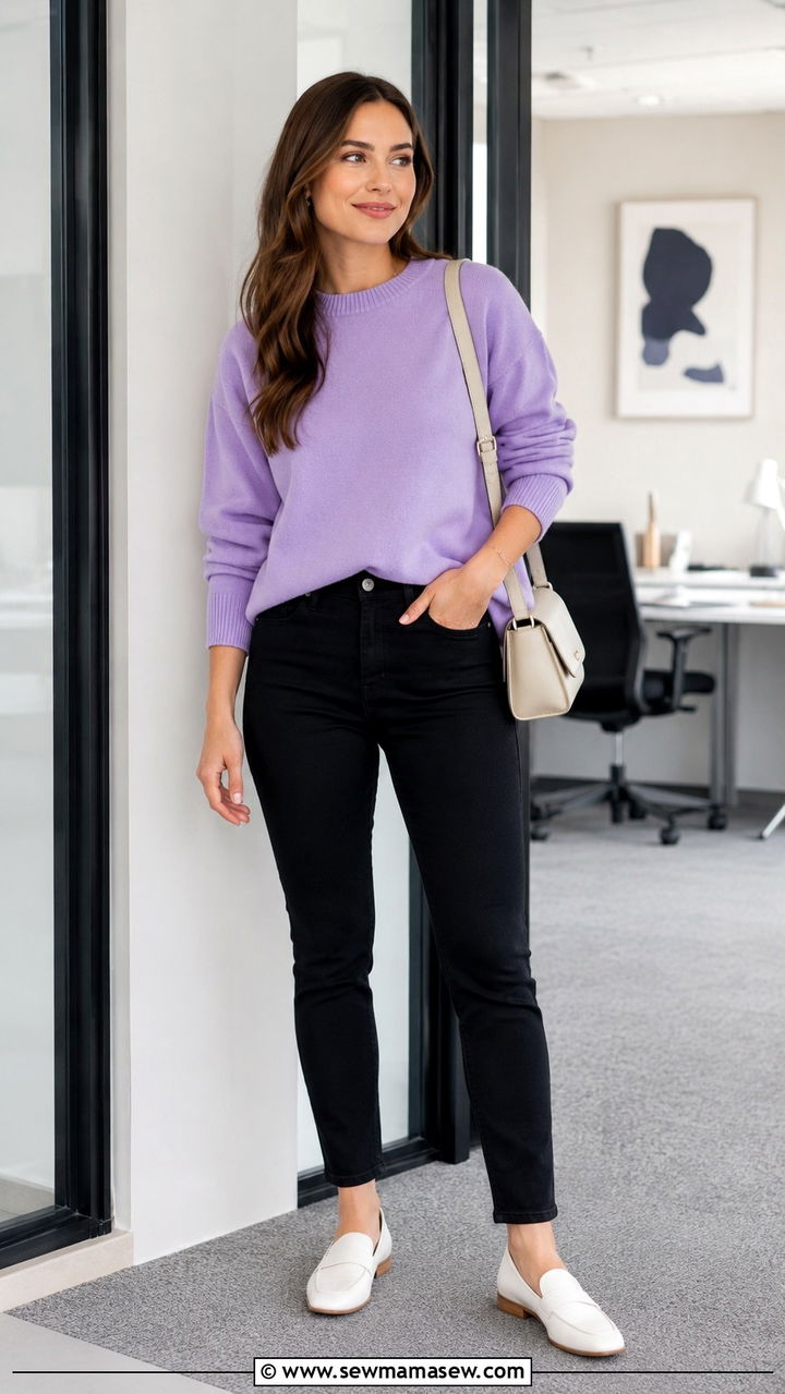 Black Jeans with Lavender Sweater and White Loafers - 30 spring black jeans outfit ideas