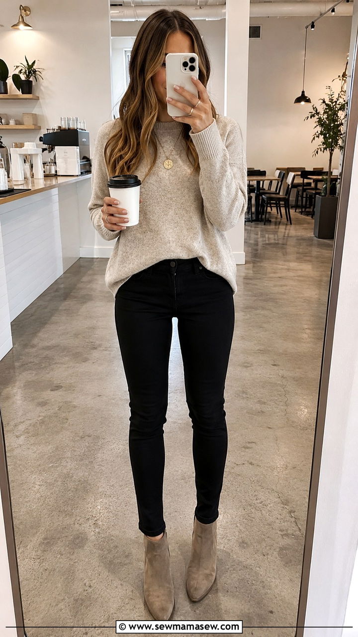 Black Jeans with Lightweight Sweater and Ankle Boots - 30 spring black jeans outfit ideas
