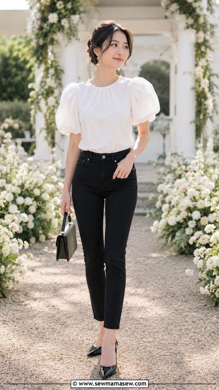 Black Jeans with Puff Sleeve Top and Slingback Heels - 30 spring black jeans outfit ideas