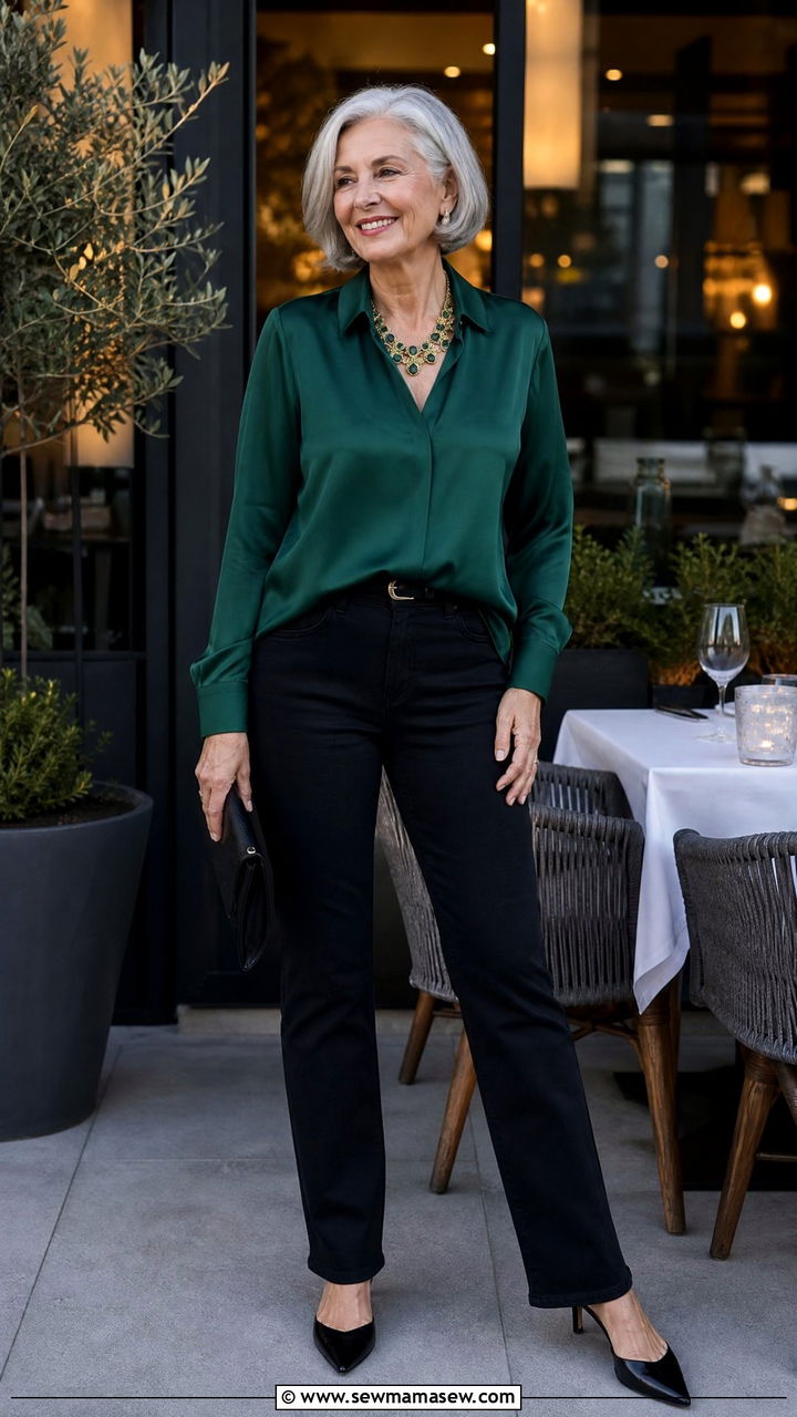 Black Jeans with Silk Blouse and Pointed Toe Flats - 35 Jeans outfit ideas for women over 60