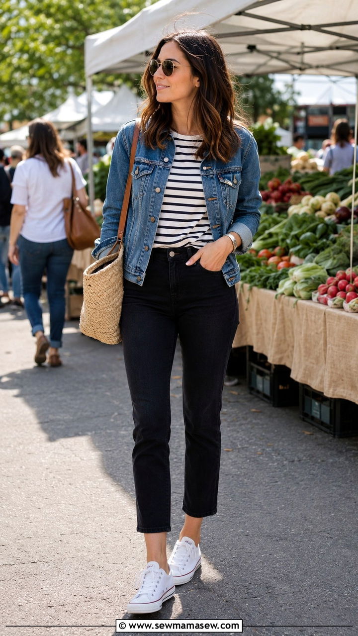 Black Jeans with Striped Tee and Denim Jacket - 30 spring black jeans outfit ideas