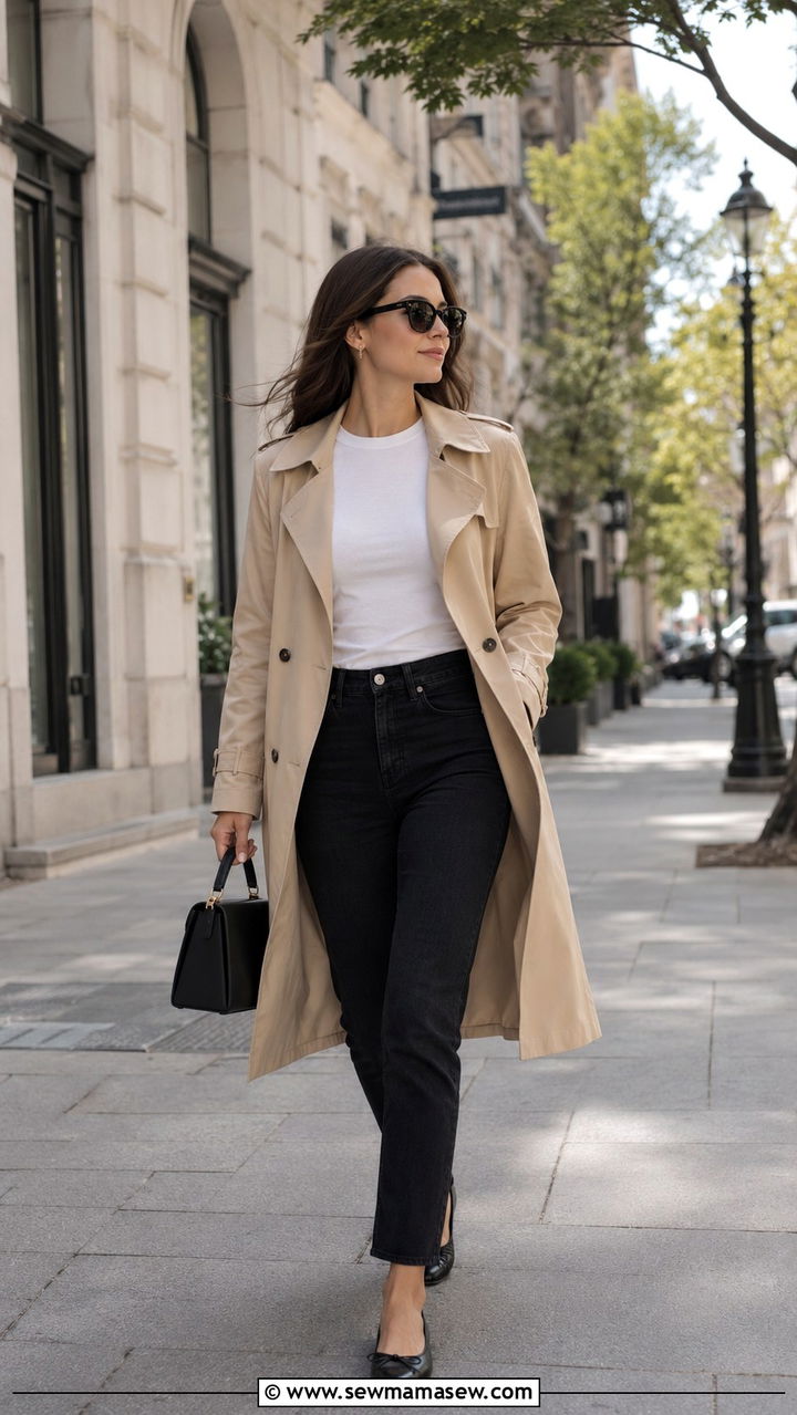 Black Jeans with Trench Coat and Ballet Flats - 30 spring black jeans outfit ideas