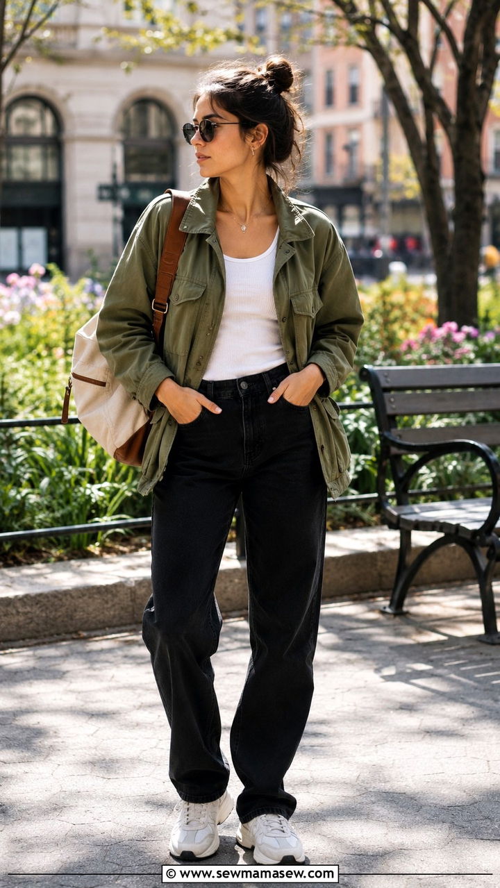 Black Jeans with Utility Jacket and Chunky Sneakers - 30 spring black jeans outfit ideas