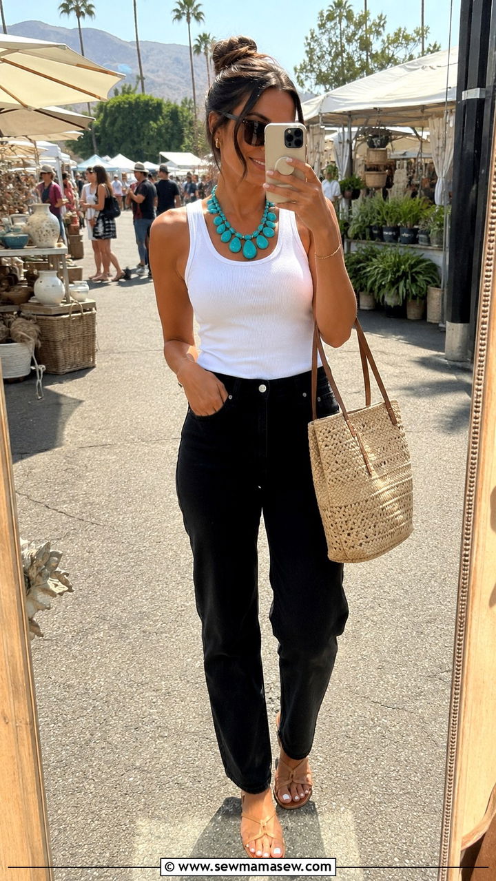 Black Jeans with White Tank and Statement Necklace - 30 spring black jeans outfit ideas