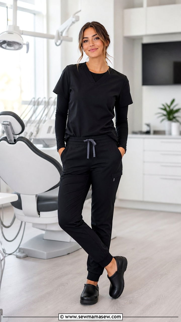 Black Jogger Scrub Set With Long Sleeve Underscrub - 25 Dental assistant outfit ideas