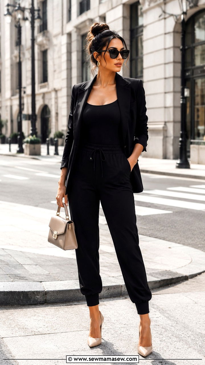 Black Joggers With Blazer and Heels - 30 chic joggers outfit ideas