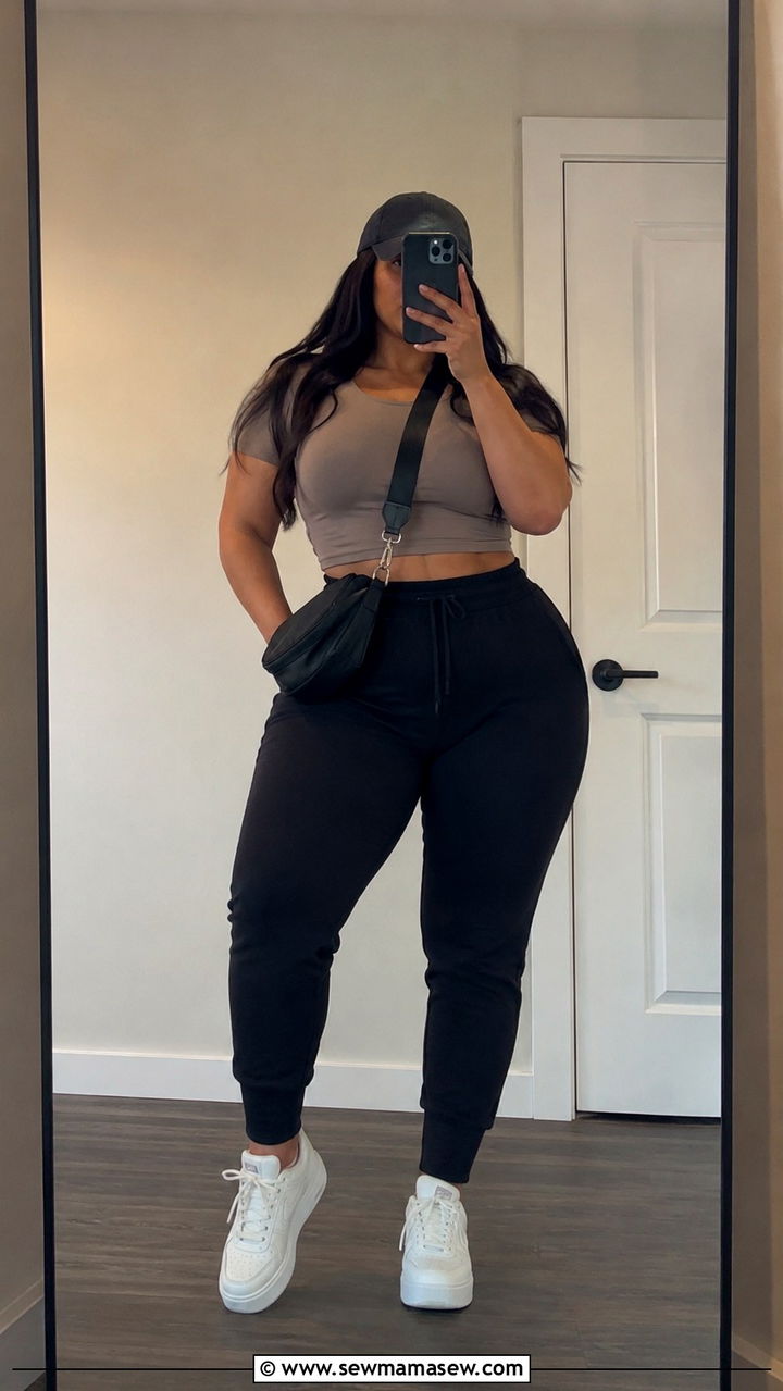 Black Joggers with Fitted Crop Top - 30 Gym outfit ideas plus size