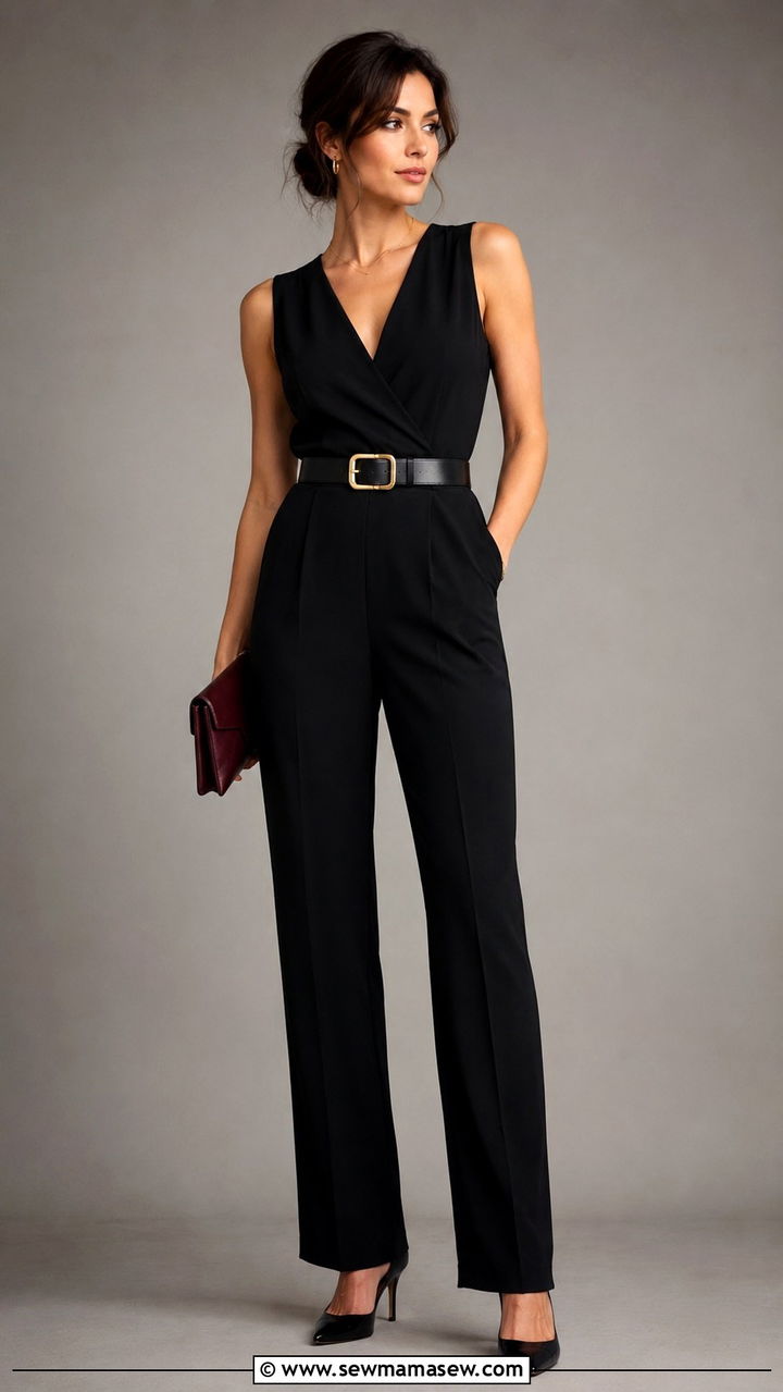 Black Jumpsuit With A Structured Belt - 30 classy parisian outfit ideas