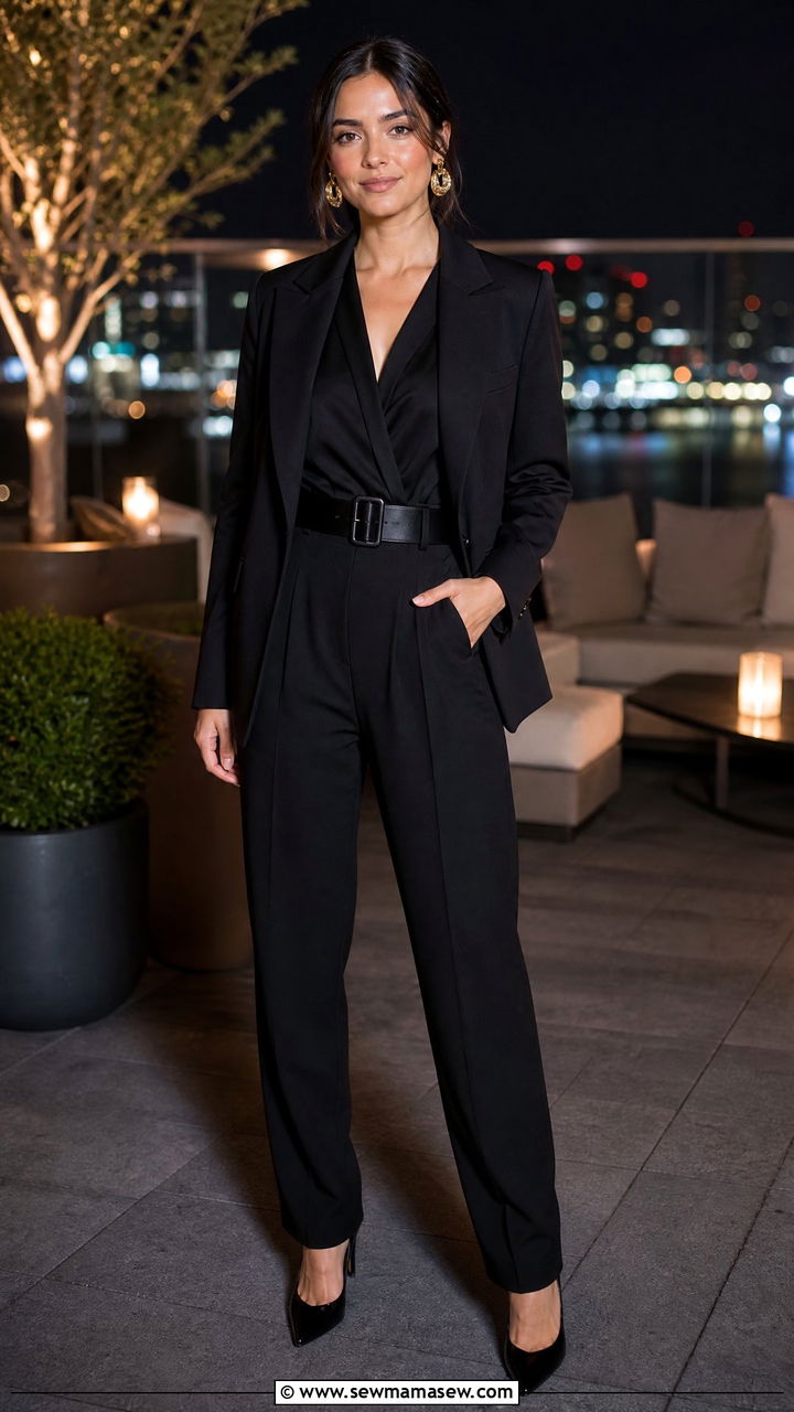 Black Jumpsuit With A Tailored Blazer and Pointed Pumps - 30 French girl outfit ideas petite