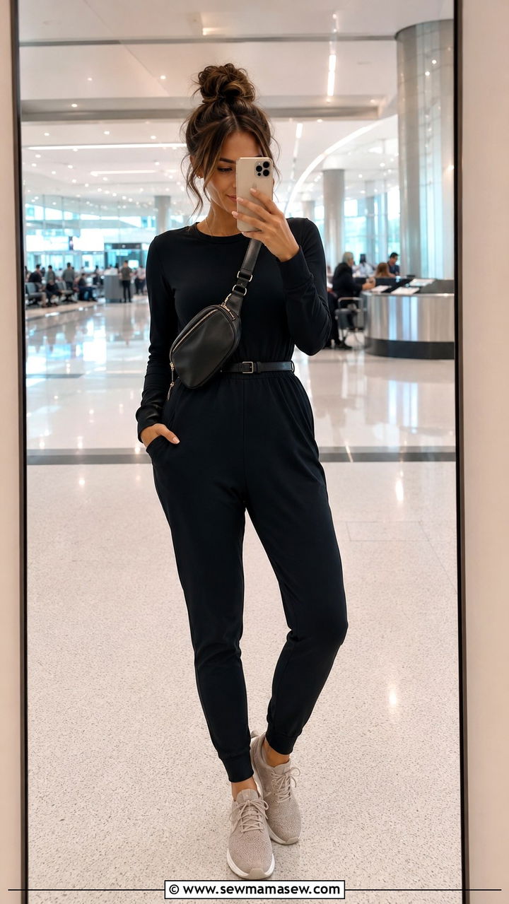Black Jumpsuit With Belt Bag and Comfortable Walking Shoes - 25 10 day travel capsule outfits