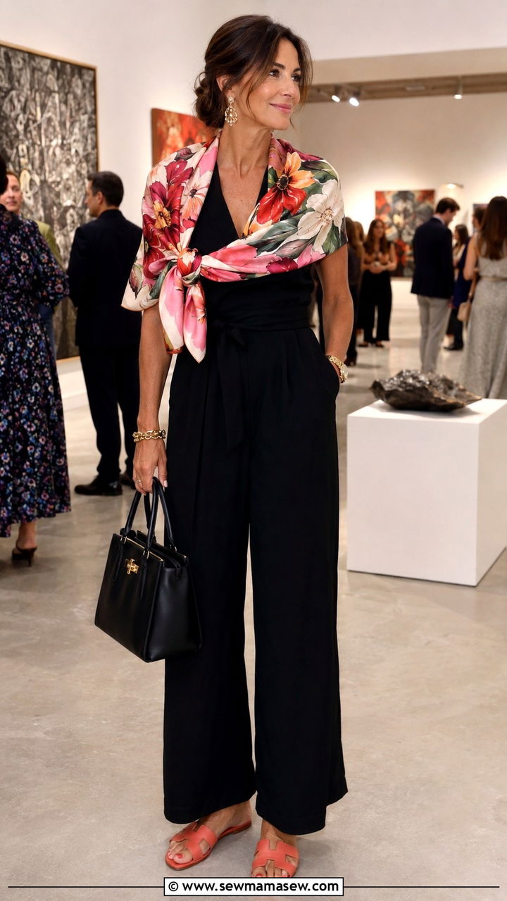 Black Jumpsuit With Colorful Scarf - 30 Late April outfit ideas